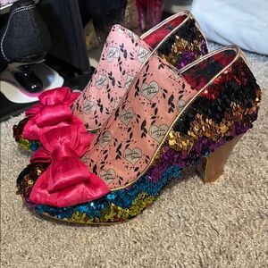 Irregular Choice Multicolor Sequin Heels with Pink Bow-New w/ no box